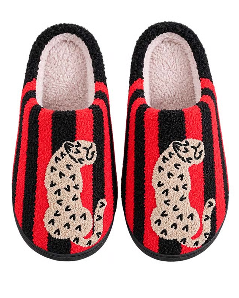 Dames Retro Gestreept & Luipaard Pluizige Pantoffels