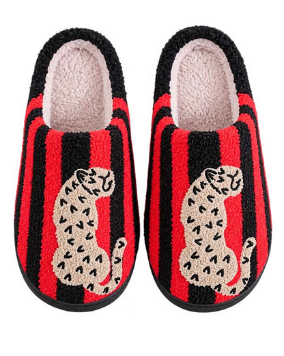Dames Retro Gestreept & Luipaard Pluizige Pantoffels
