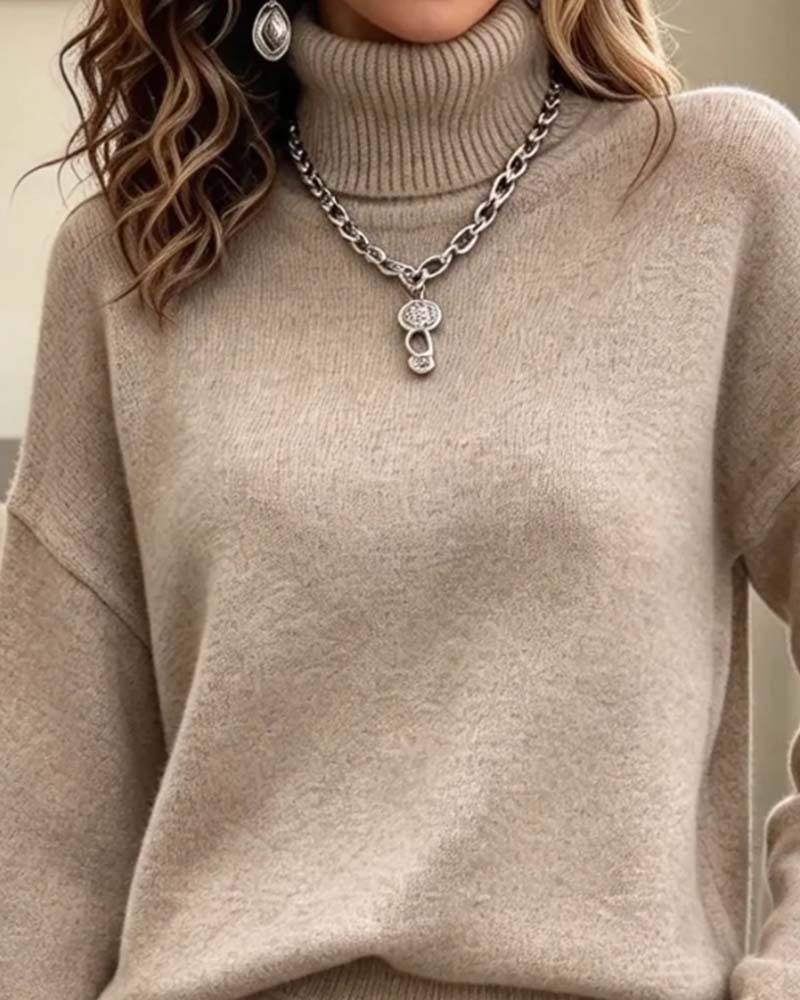 Set Hoher Kragen Pullover Langarm Plissierter Rock