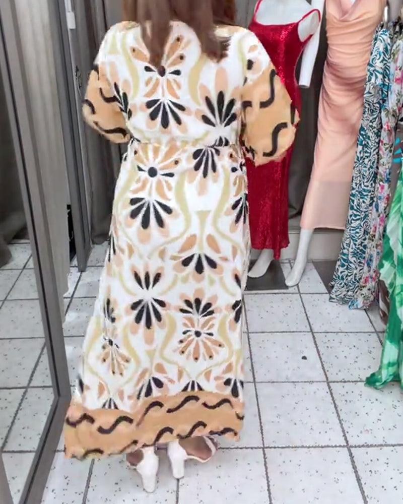 Kleid Farbblock Blumig Kurzarm Maxi