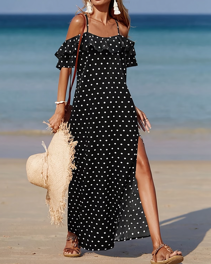 Langes Kleid Dünner Träger Cold Shoulder Tupfen