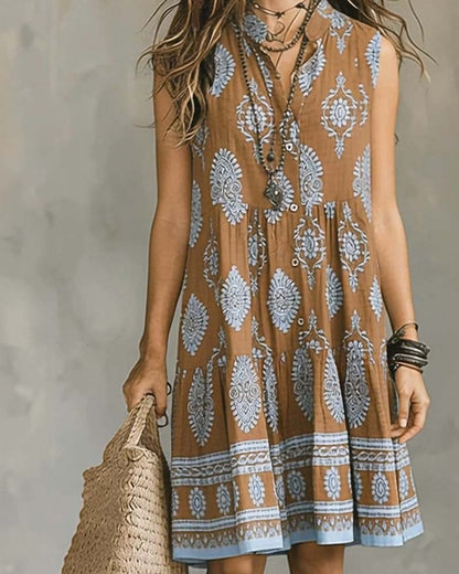 Kleid Boho-Muster Ärmellos Kurzer Stehkragen