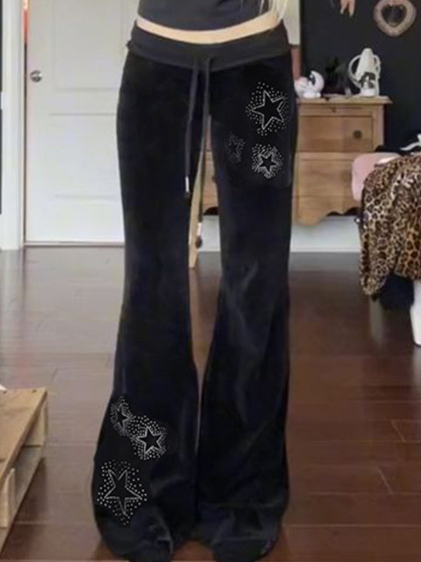 Black Y2K Star Print Flared Pants