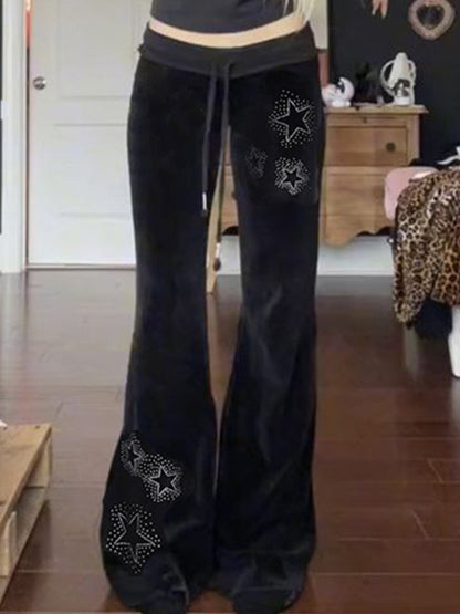 Black Y2K Star Print Flared Pants