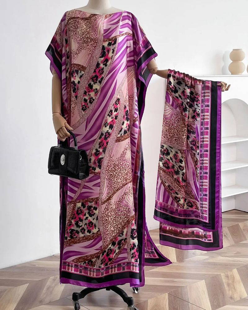 Set Damen Blumig Druck Lang Kleid & Schal