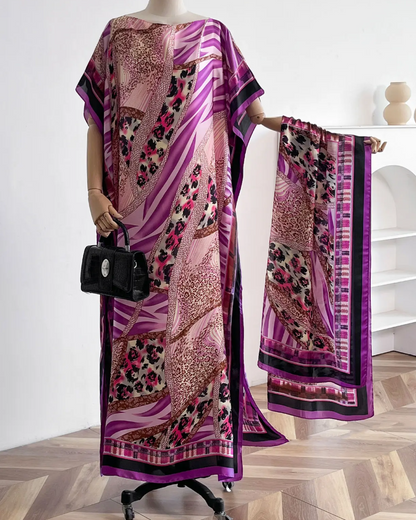 Set Damen Blumig Druck Lang Kleid & Schal