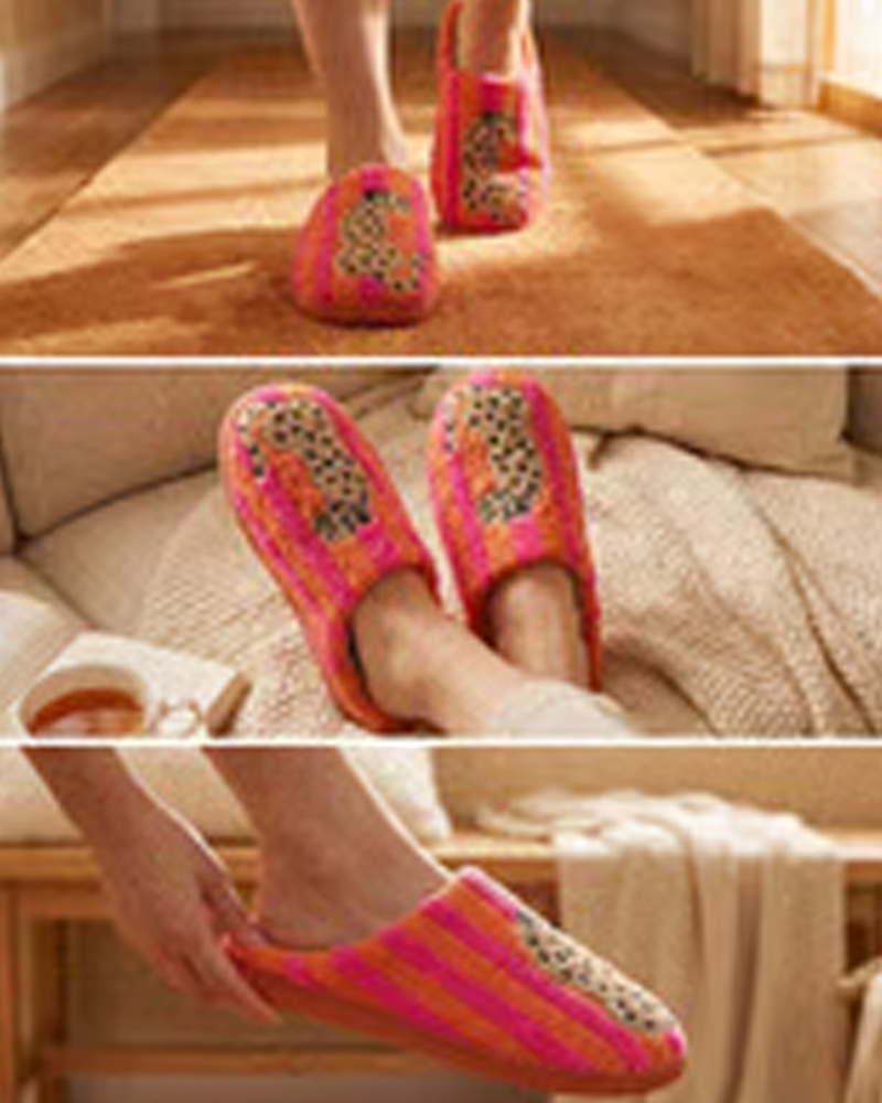 Dames Retro Gestreept & Luipaard Pluizige Pantoffels