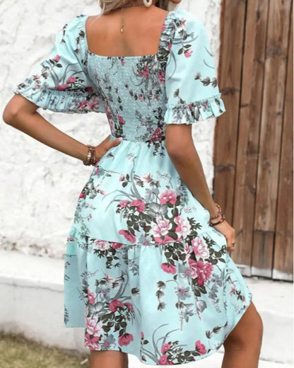 Kleid Quadratischer Ausschnitt Blumen Taille A-Linie