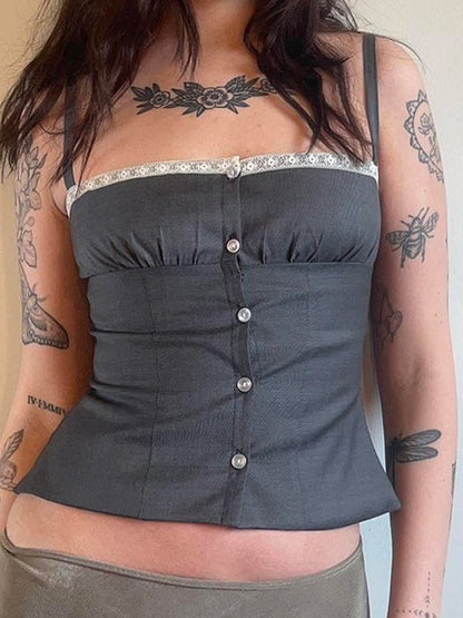 Graues Y2k Spitze Spitzenreihe Mit Knöpfen Cami Top