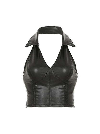 Schwarzes Y2k V Ausschnitt Leder Halter Weste mit Brustschlitz