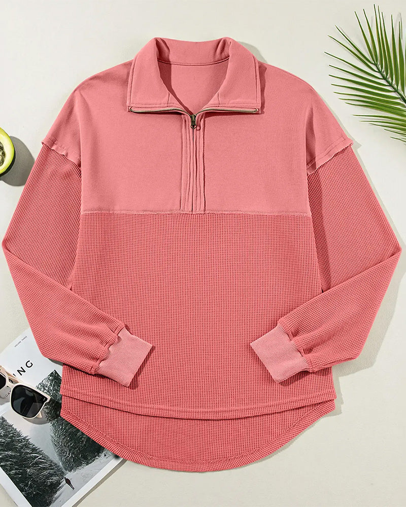 Sweatshirt Halber Reißverschluss Waffel Patchwork