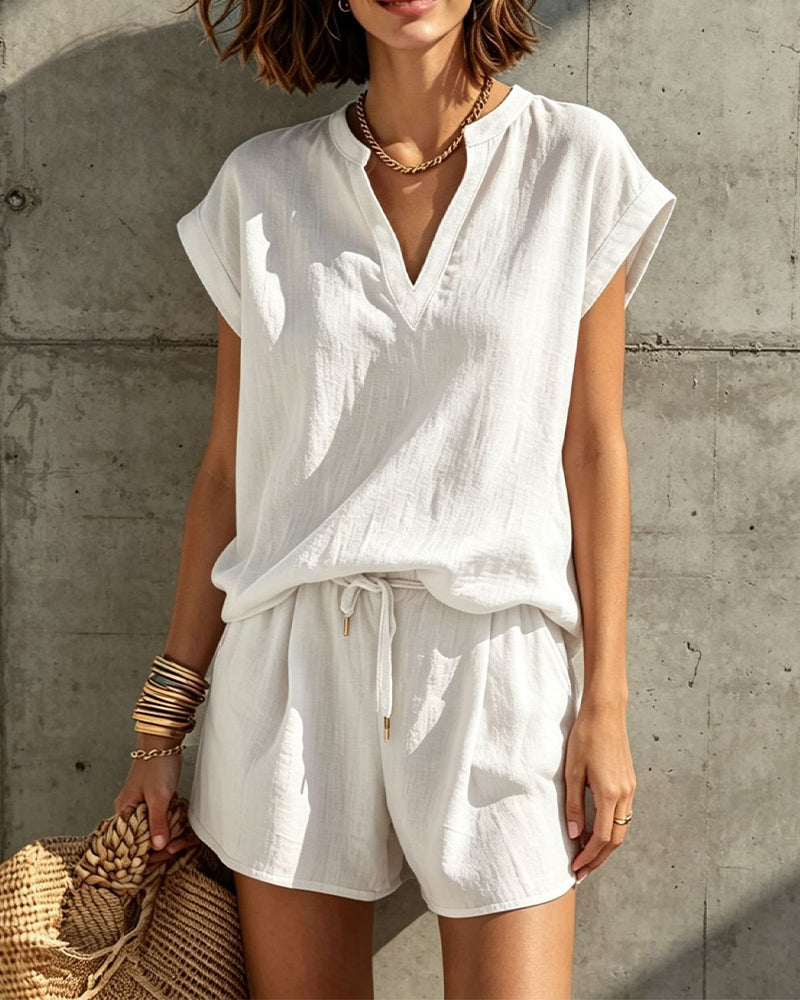 Set Ärmellose V-Ausschnitt Bluse Mit Kordelzug Elastische Taille Hose