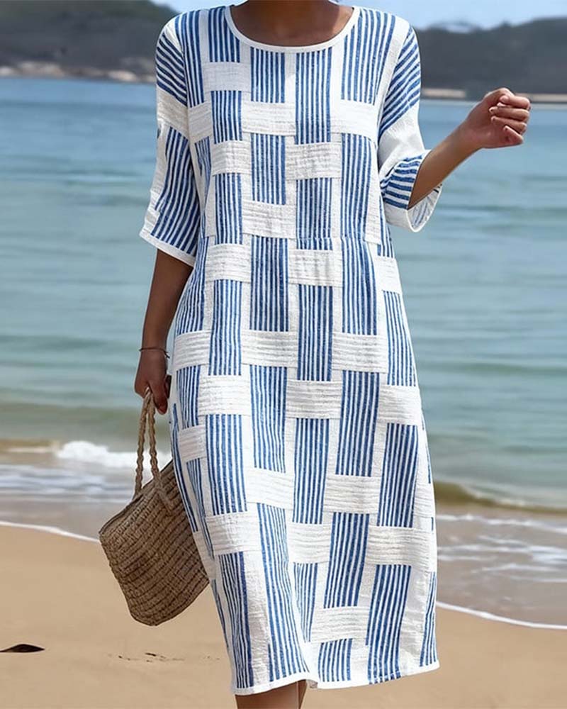WF117572Kjole Geometrisk Stripe Kortsermet Avslappnet