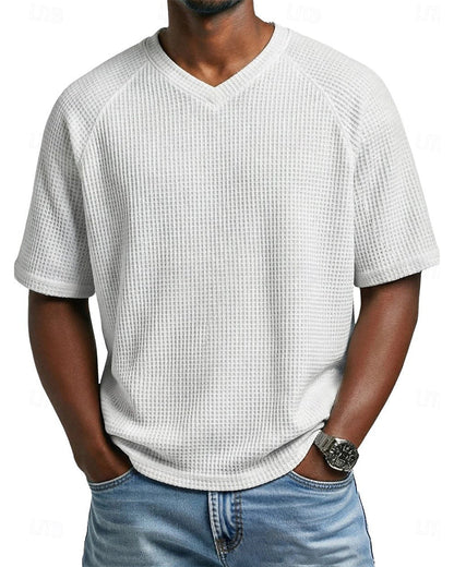 Herren-V-Ausschnitt-Shirt In Waffelstruktur, Lässiges Kurzarm-Oberteil In Unifarbe