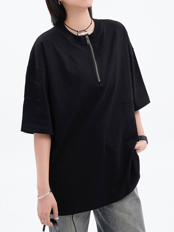 Einfarbiges Vintage Reißverschluss Kurzarm T-Shirt
