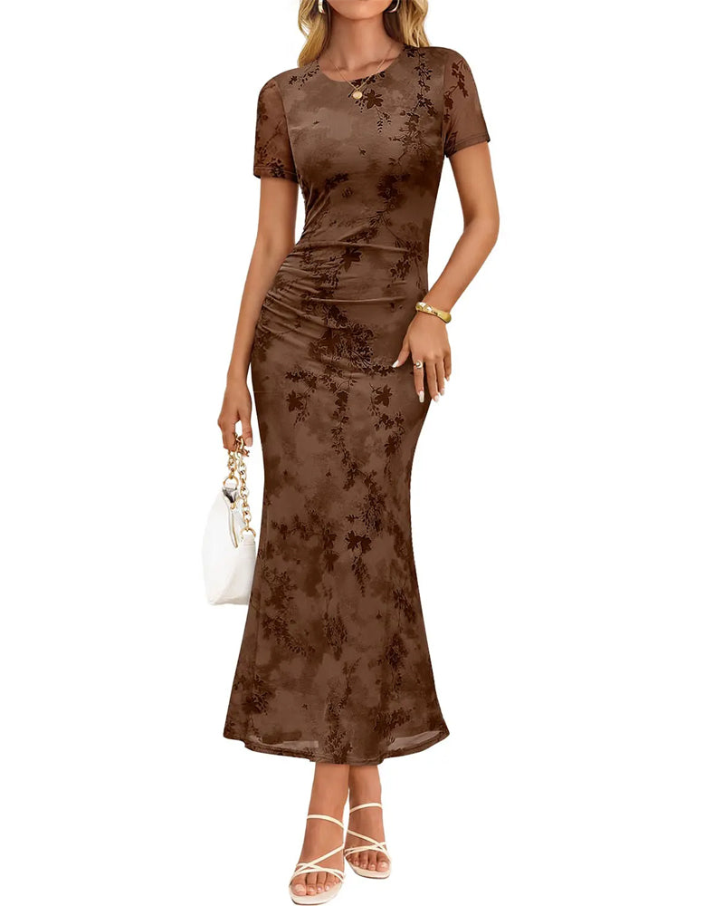 Kleid Blumenprint Taillenbetonend Mesh