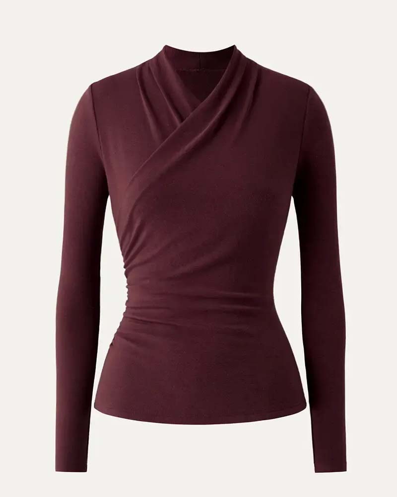 Top Kreuz V-Ausschnitt Plissierte Taille Langarm