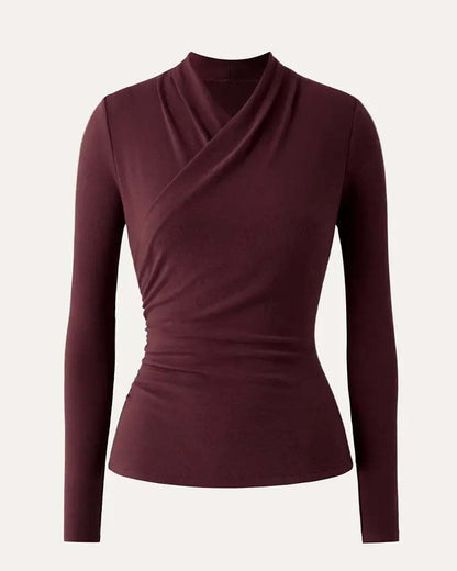 Top Kreuz V-Ausschnitt Plissierte Taille Langarm