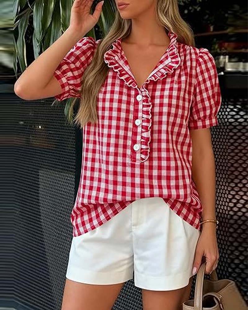 Bluse Karo Puff Kurzarm