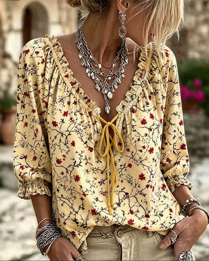 Bluse Kleine Rote Blume Blumig Krawatte
