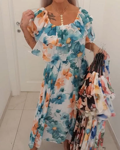 Kleid Aquarell Blumig Off-Shoulder Kuchen Lang