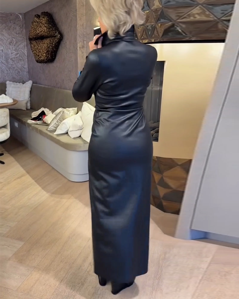 Kleid Revers Reißverschluss Pu Modisch