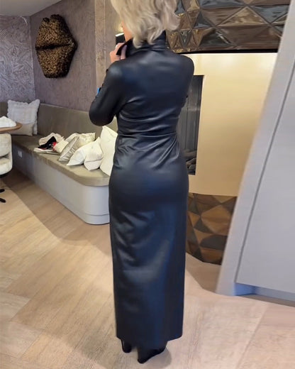 Kleid Revers Reißverschluss Pu Modisch