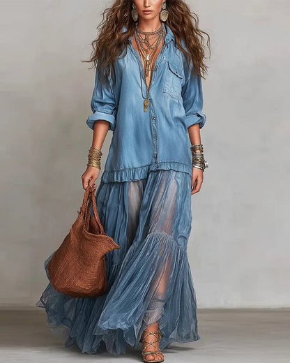 Kleid Denim Und Mesh Zusammengefügt Lang