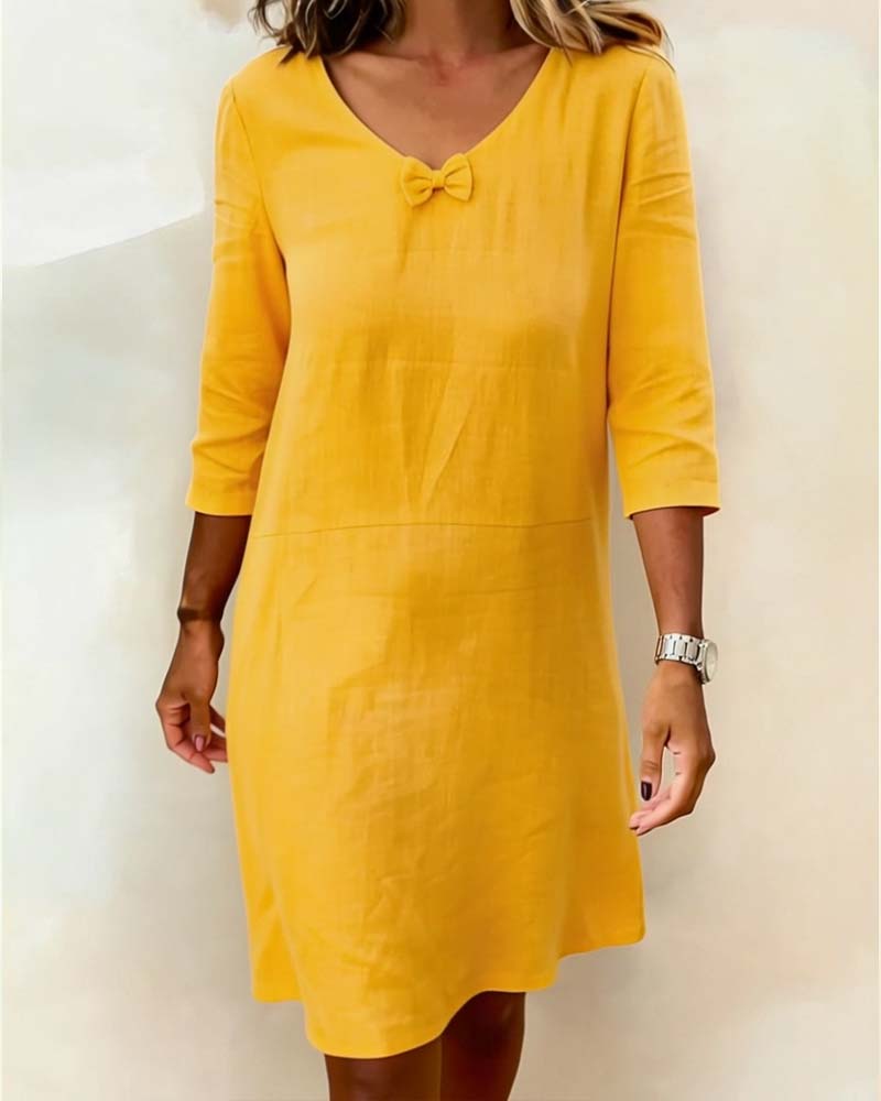 Kleid Schleife V-Ausschnitt Leinen