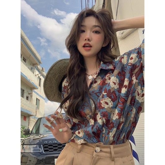 Blue Floral Print Button Up Shirt for Women - Sabina