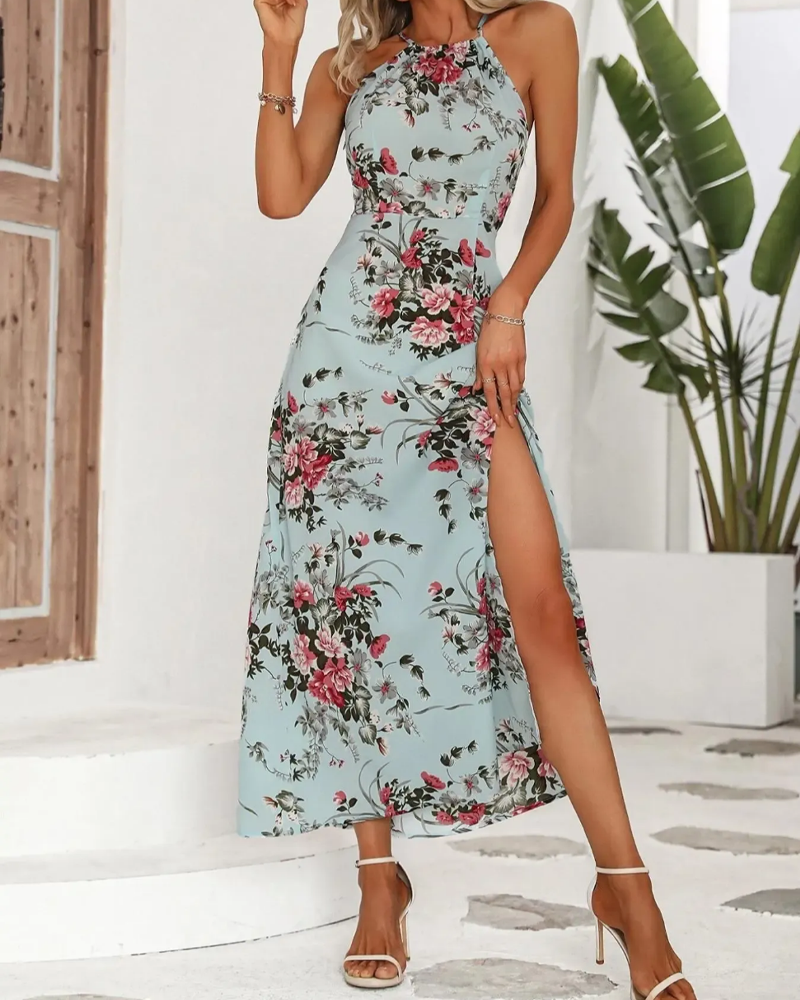 Kleid Halterneck Schlitz Tailliert Blumenmuster