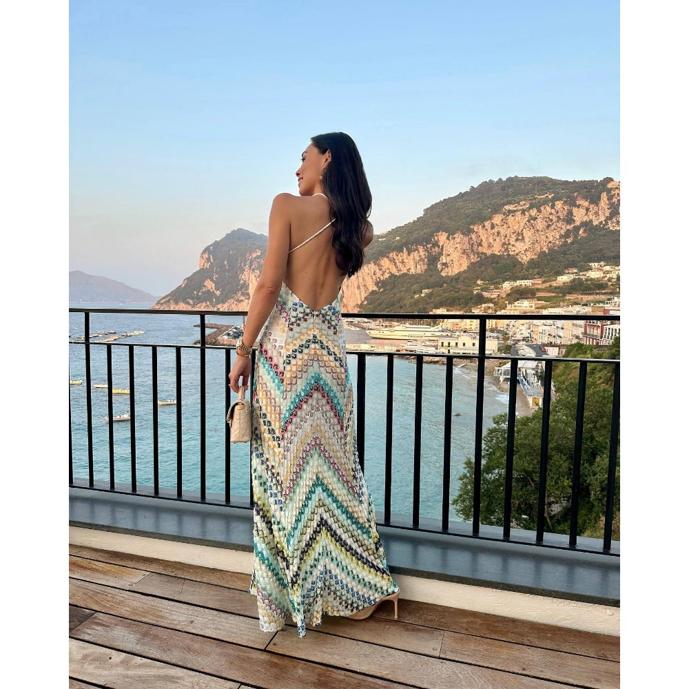 Multicolor Chevron Print Maxi Dress with Spaghetti Straps for Women - Sabina