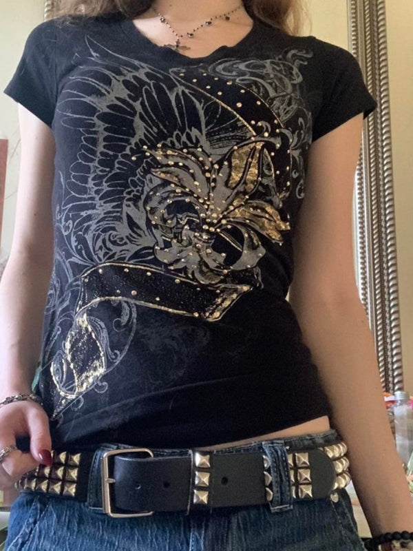 Black vintage print shirt with rhinestones