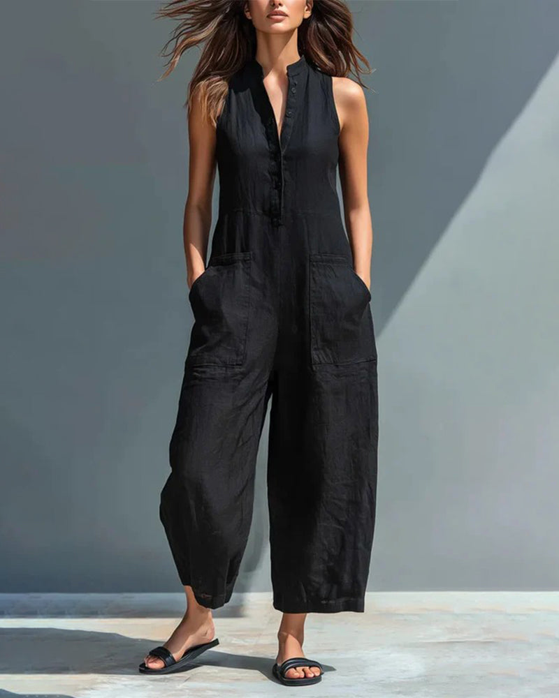 Jumpsuit ärmellos Stehkragen Tasche