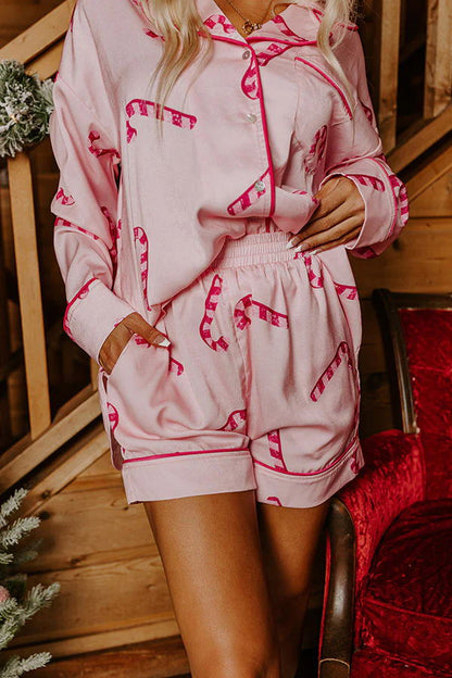 Candy Cane Kisses Satin Printed Elastic Waist Pocket Pajama Shorts Set