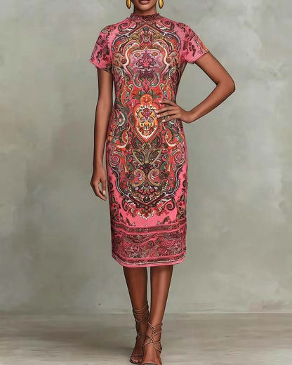 Kleid Vintage Druck Rollkragen
