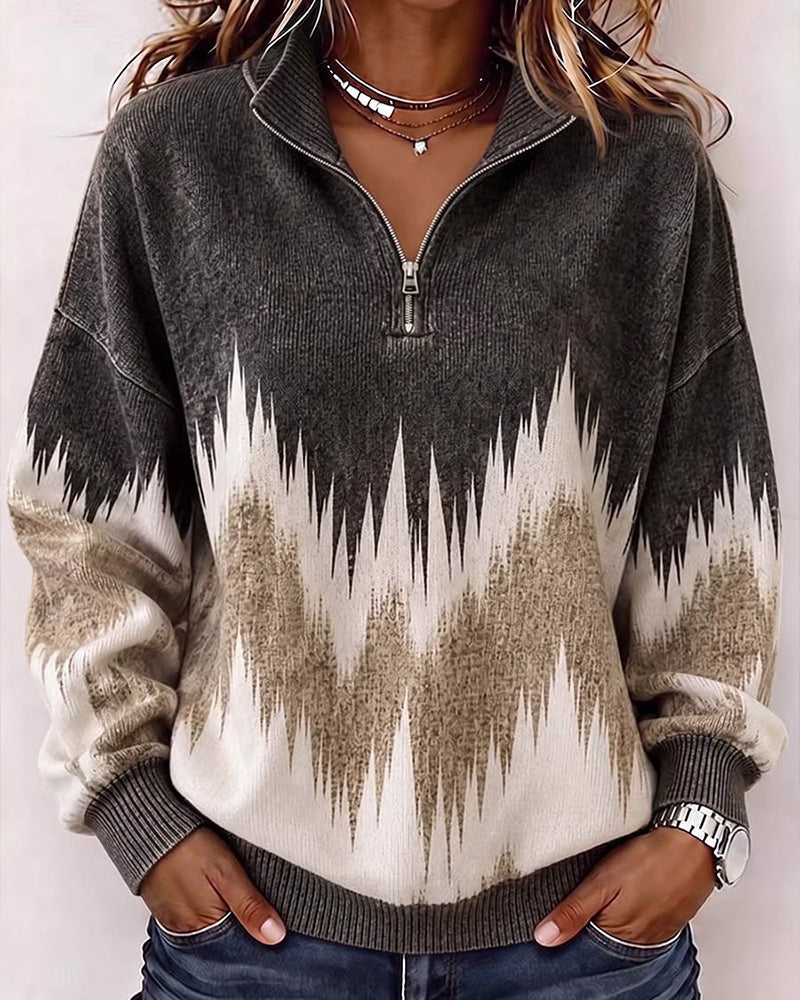 Sweatshirt Kragen Reißverschluss Farbblock Locker