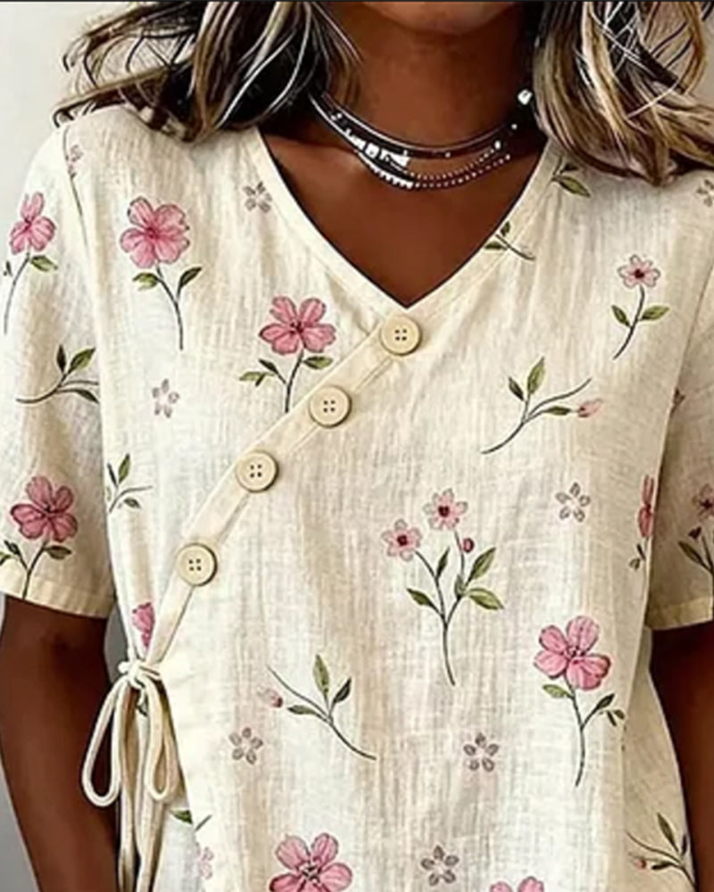 Bluse Kleine Blumen Diagonaler Vorderer Binder