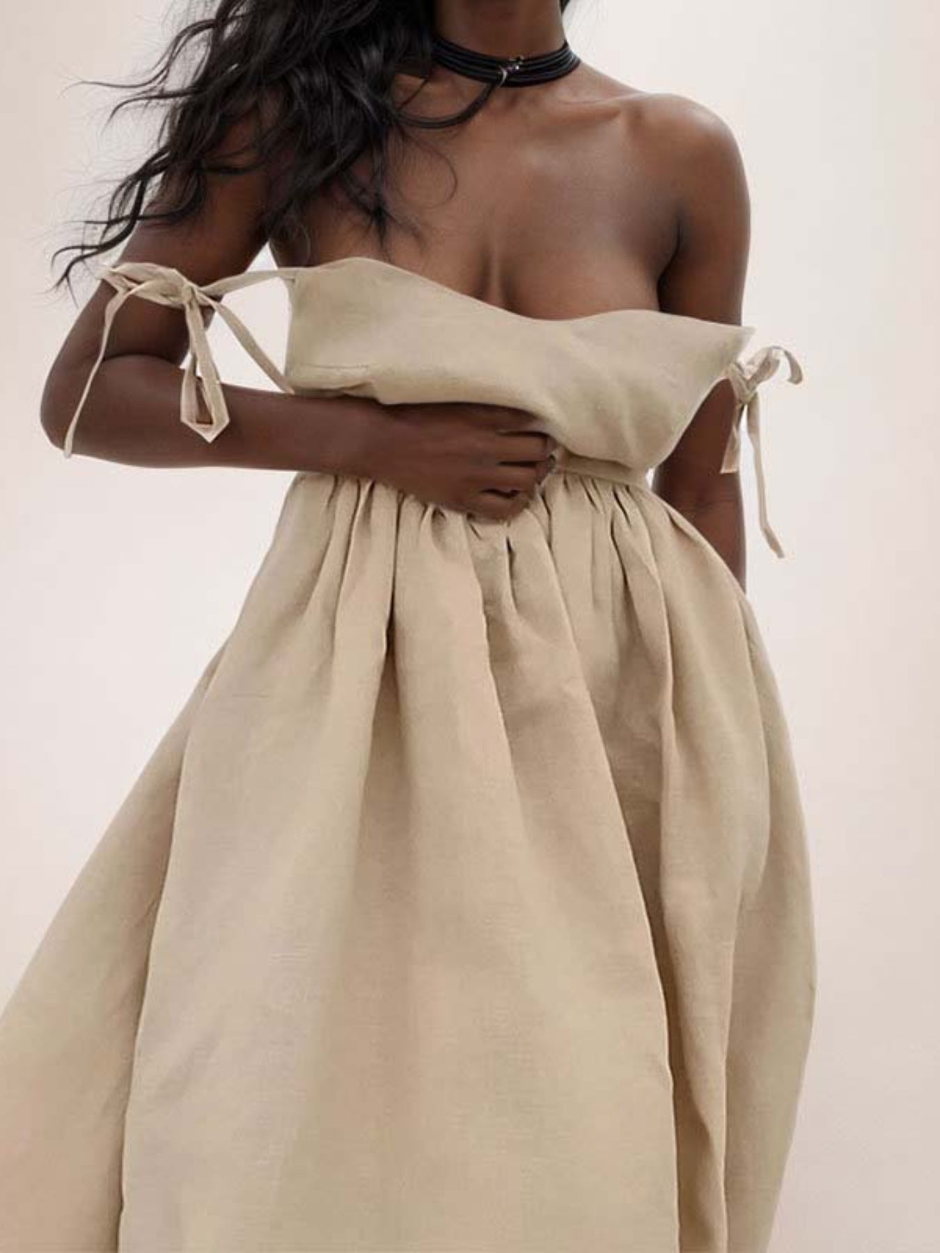 Beige Off-Shoulder Mini Dress with Tie Straps for Women - Melissa