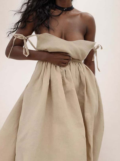 Beige Off-Shoulder Mini Dress with Tie Straps for Women - Melissa