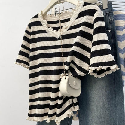 Black and White Striped Short Sleeve Top for Women - Assunta