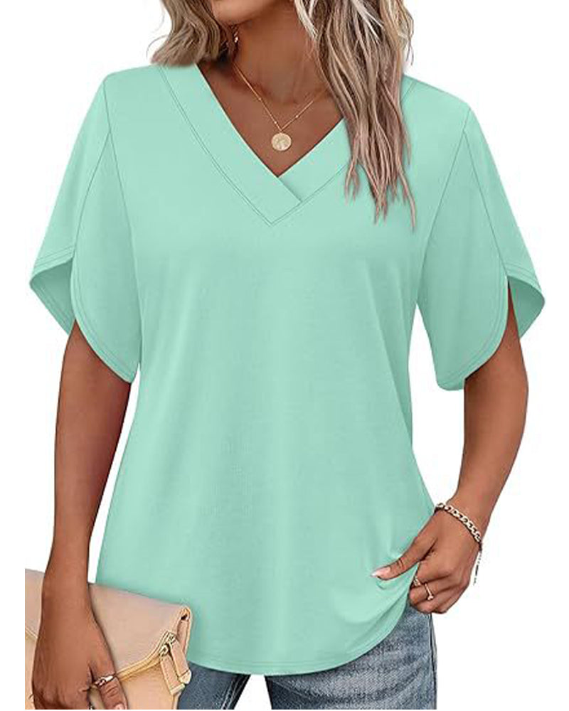 T-Shirt V-Ausschnitt Kleiner Schlitz Kurzarm Einfarbig
