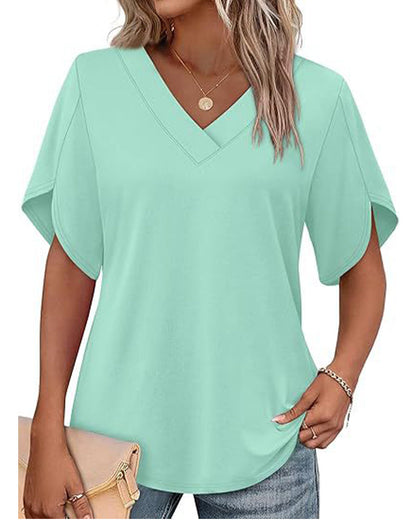 T-Shirt V-Ausschnitt Kleiner Schlitz Kurzarm Einfarbig
