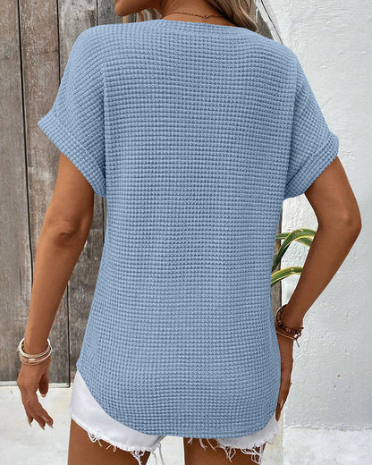 T-Shirt Damen Waffelstrick V-Ausschnitt Lässig Sommer