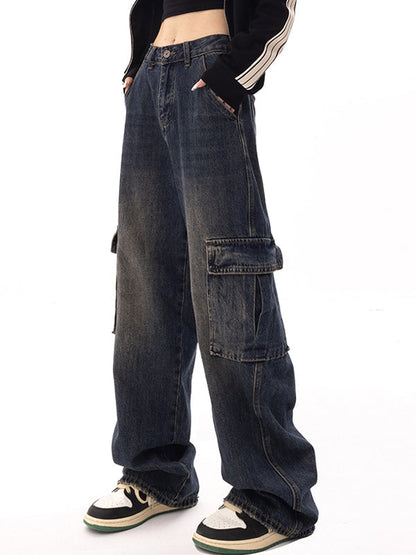 Punk High Waist Geradem Bein Cargo Jeans