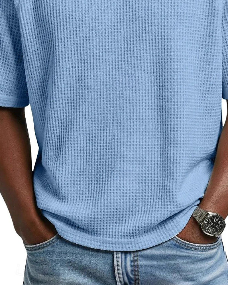 Herren-V-Ausschnitt-Shirt In Waffelstruktur, Lässiges Kurzarm-Oberteil In Unifarbe