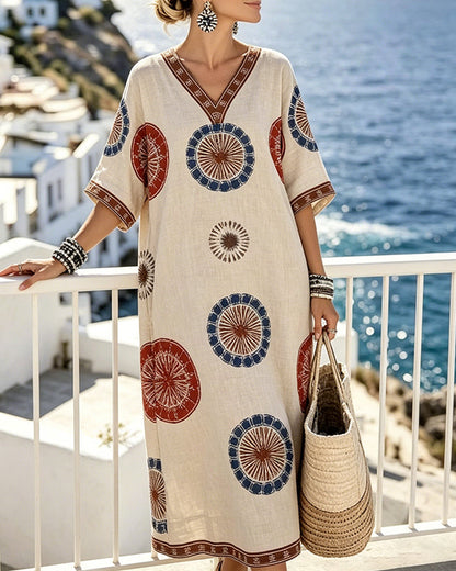 Kleid V-Ausschnitt Retro Kreis Druck Maxi