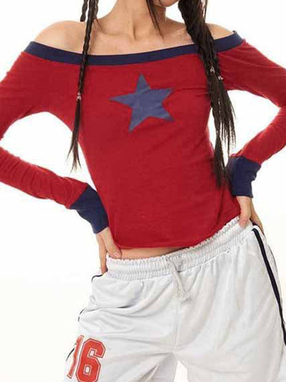 Rotes Y2k Ein Schulter Stern Langarm Shirt