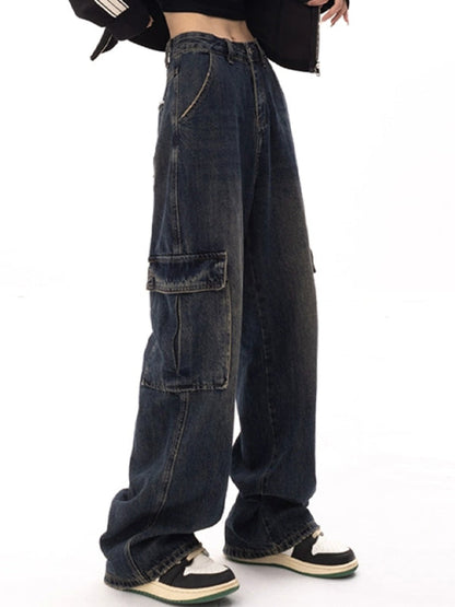 Punk High Waist Geradem Bein Cargo Jeans