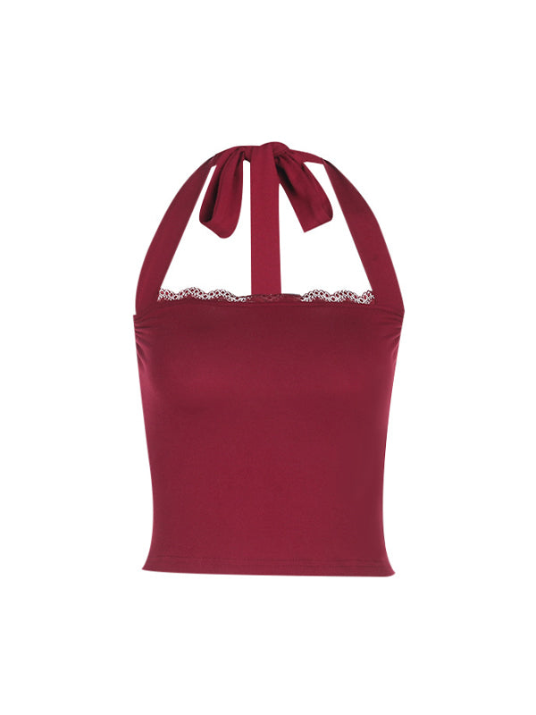 Einfarbige Y2k Slim Fit Spitzen Halterweste